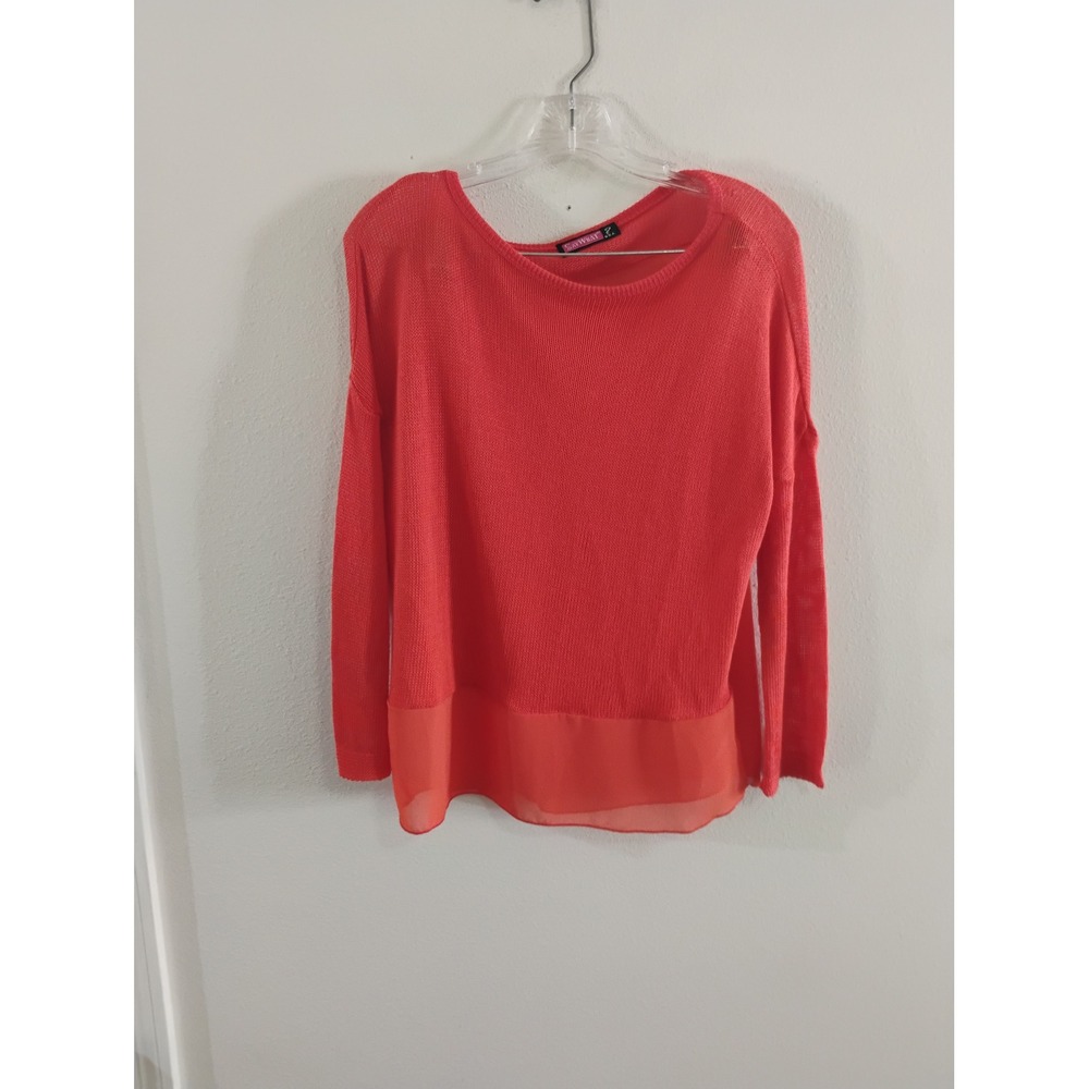Say What? Coral Orange Mixed Media Knit Sweater Sheer Chiffon Back Top Size M